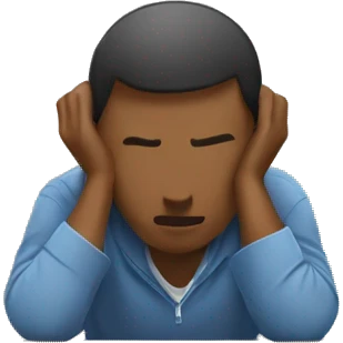 person with their head resting on a desk, indicating frustration or exhaustion. The person should have short hair, be wearing casual clothing, and the desk should be a plain wooden surface. emoji