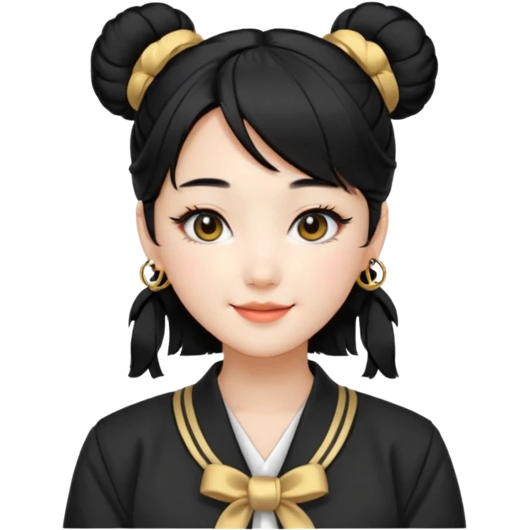a beautiful girl face, wearing cute korean makeup, black hair, tied into two lowbuns with front bangs, black shirt, white jacket with golden shoulder pads, kpop idol emoji