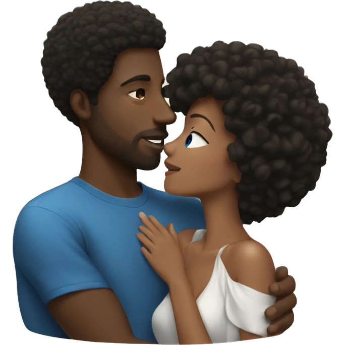 Black man with short Afro kissing brunette woman with blue eyes emoji