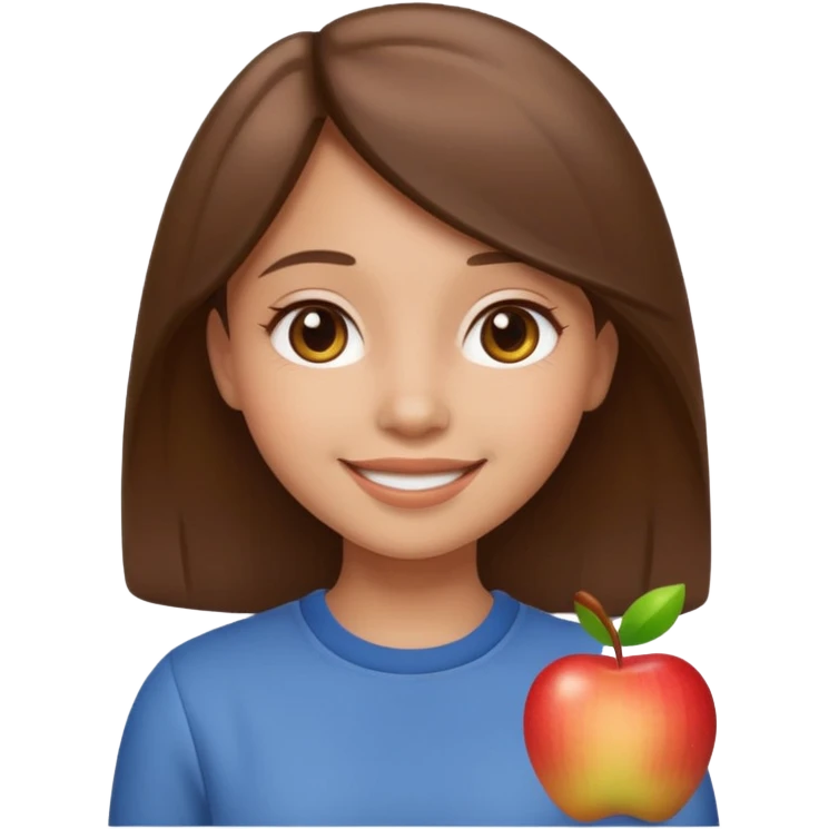 happy girl with medium straight brown hair, light skin tone, apple emoji style emoji