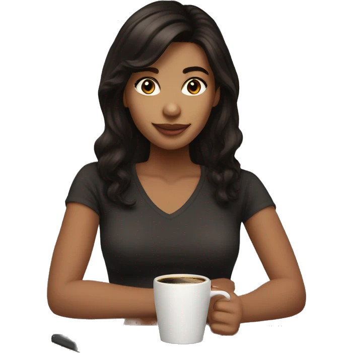 Girl medium length brown/black hair and coffee emoji