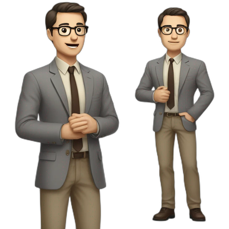 Full height Actively gesturing with hands Pale skinned fit man with dark brown hair in gray jacket, beige office shirt, brown tie, brown pants and vintage glasses. emoji