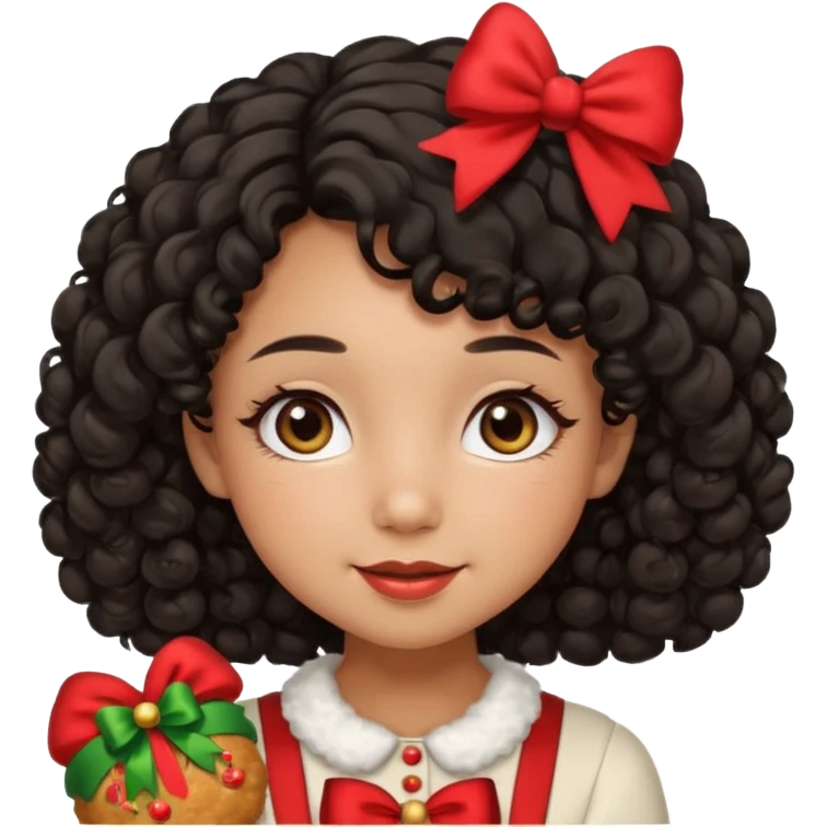 cute girl tan skin, curly black hair chin length, middle part, long eyelashes, cute cheeks, 5'2, outfit croquette style with bows and christmas theme, happy,  emoji