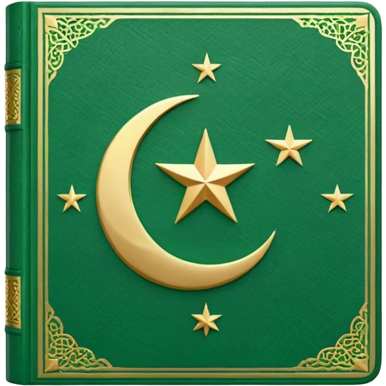 Closed Quran with the Islamic Symbol on it (moon and star) green from left to right emoji