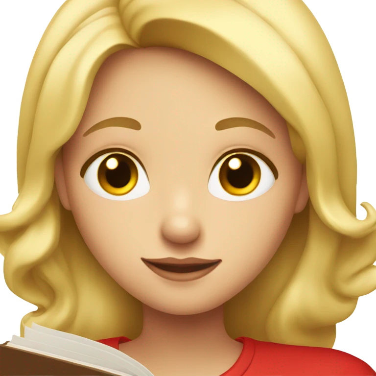 A blonde girl whit a red top whit a book making a heart emoji