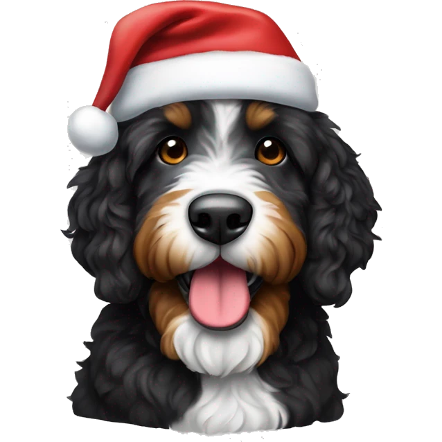 Bernedoodle Brindle dog wearing a Santa hat emoji