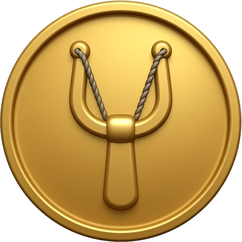 A small coin with a slingshot on the face emoji