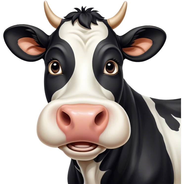 Cinematic Comical Black and White Cow Portrait Emoji, Head tilted dramatically with an exaggeratedly amused expression, featuring a striking, glossy coat of bold black and white, wide, expressive brown eyes filled with playful disbelief, Simplified yet hilariously expressive features, highly detailed, glowing with a slightly sassy glow, high shine, dramatic yet playful, stylized with an air of cheeky mischief, bright and endearing, soft glowing outline, capturing the essence of a spirited and over-the-top cow, so meme-worthy it feels like it could moo its way into internet fame instantly! emoji