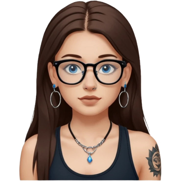 WHITE girl with long brown hair, part going more to the RIGHT side, BLUE eyes, wearing BLACK rectangle plastic frame glasses. SEPTUM nose piercing hoop (at bottom of nose) AND stud nose piercing on right side of nose. Wearing BLACK tank top. Arm tattoos. Hoop earrings emoji