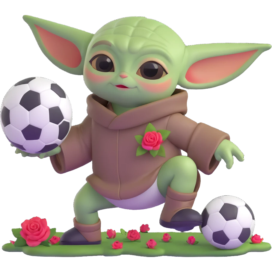 baby Yoda kicking a soccer ball with small roses beside him emoji