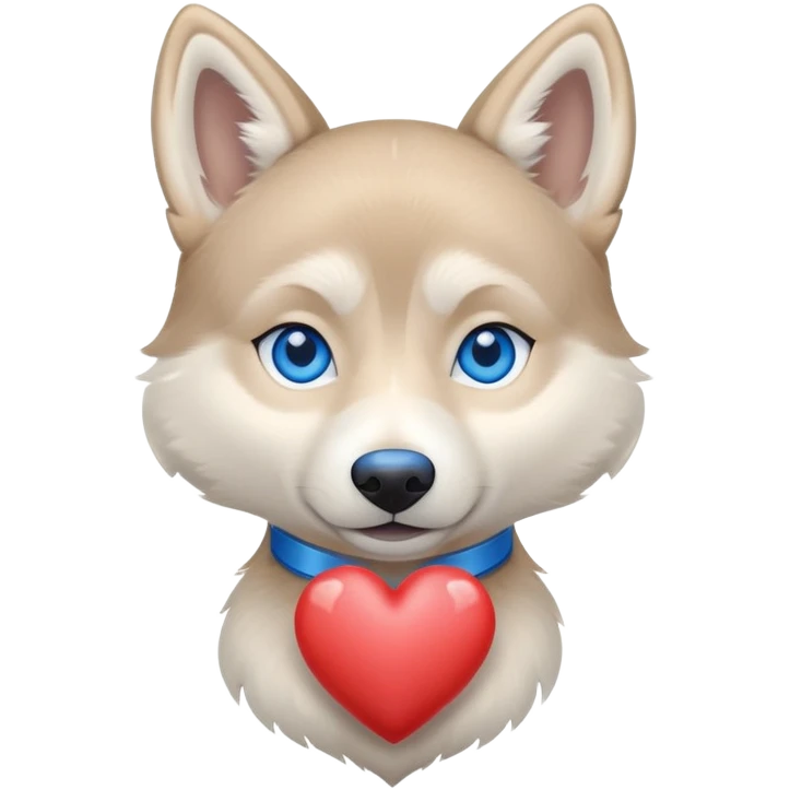 Beige husky with blue eyes holding a blue heart emoji