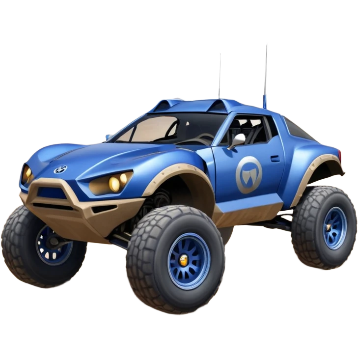 Mandalorian evil darkly night blue Dirty and dented Local Motors Rally Fighter off road race car hot rod meets 2013 Toyota 86 trophy truck-style basher flying on a dusty road (silver wheels) emoji