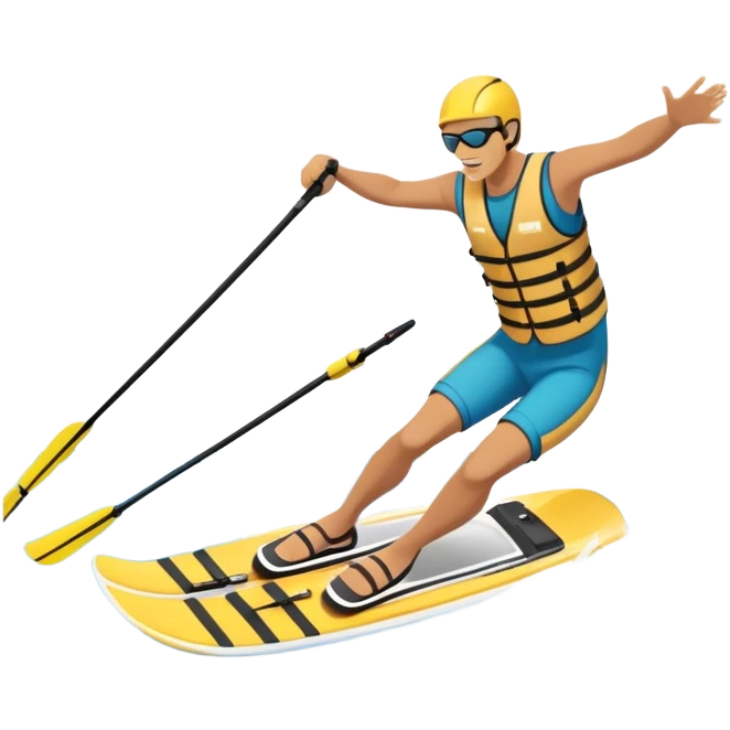 An icon showing a pair of water skis skimming across the surface of a lake, with a skier in motion. The design includes a wake behind the skier, splashing water, and the sun reflecting on the water. Transparent background highlights the speed and thrill of water skiing. emoji