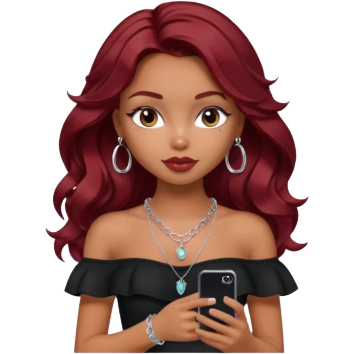 a pretty bratz girl with wavy dark red hair, wearing a black off shoulder top . silver dainty layered necklaces, carrying an iphone emoji