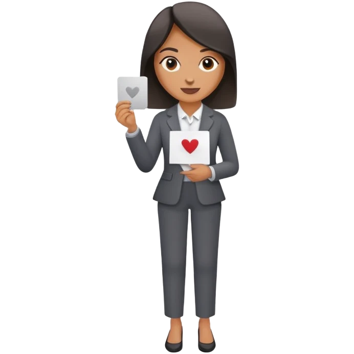 Woman in dark grey trousers holding a card in one hand emoji