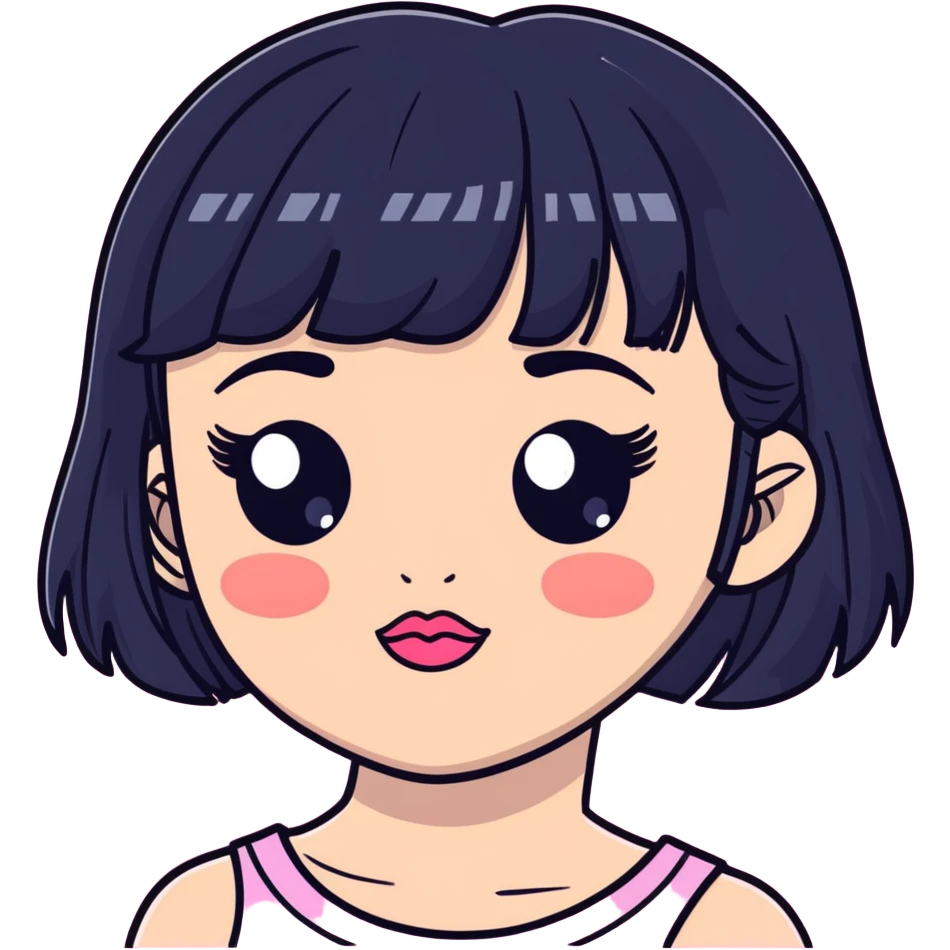 Girl , fair skin with black medium hair with bangs and pretty big eyes long lashes, pink lips and cheeks  emoji