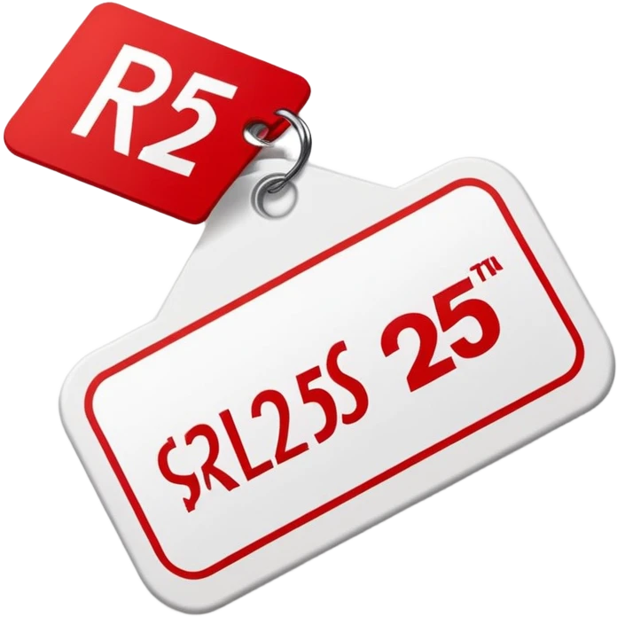 price tag sticke, with the text "R$25", red and white emoji