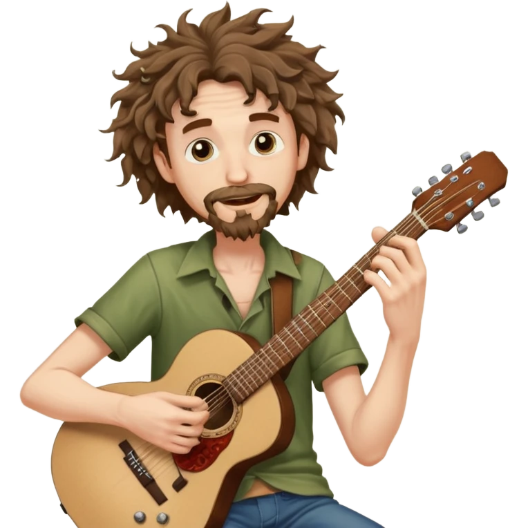 Generate a malnourished dude with curly hair and a shitty goatee who is high on marijuana playing the guitar and twisting a strand of his hair emoji