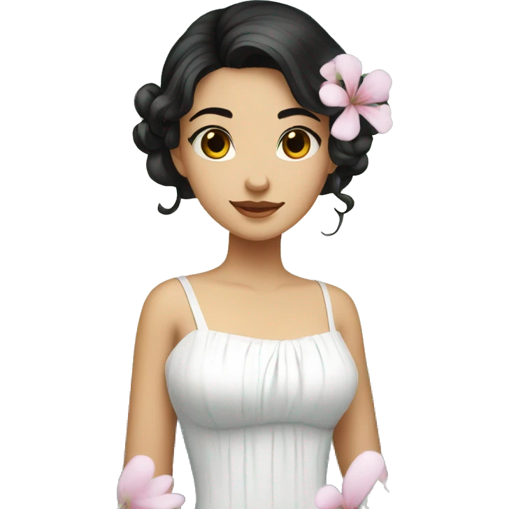 Pretty young Lady with black hair flowers in hair white dress surrounded by flowing water emoji