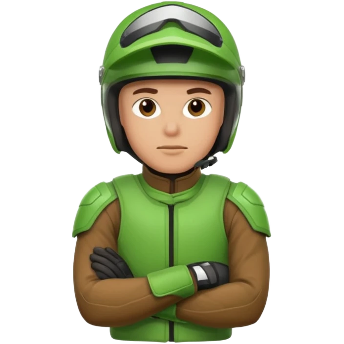 dirtbike rider in green gear with arms crossed, and thinking emoji