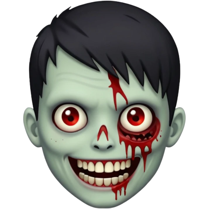 zombie boy with emo hair, white skin, and white eyes; an open smile, and bloodied teeth; emoji