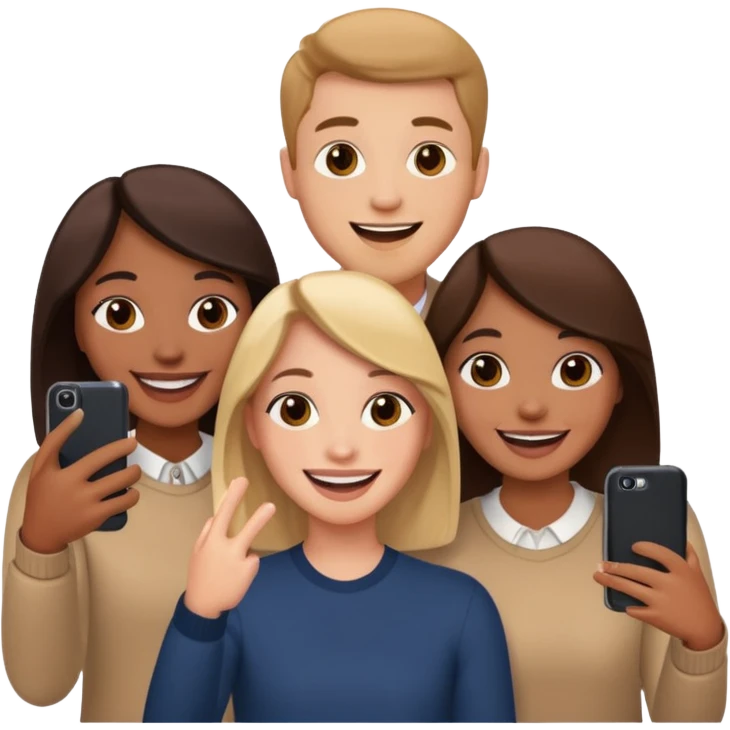 three friends holding phone selfie smiling emoji