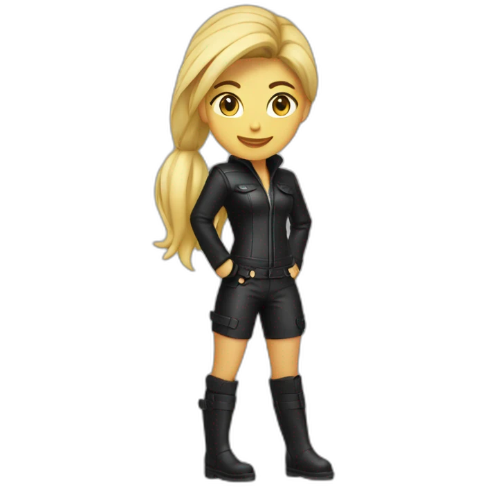 1 girl, leather suit, blond, ponytail, smirk, leather boots emoji