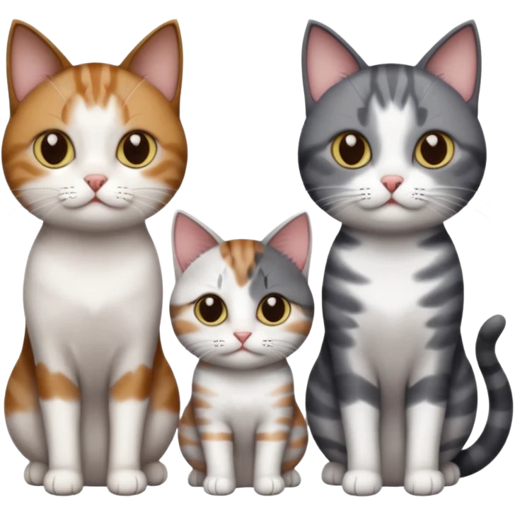 3 different coloured short haired cats including; a dark brown tabby and white cat, and a dark grey and white  emoji