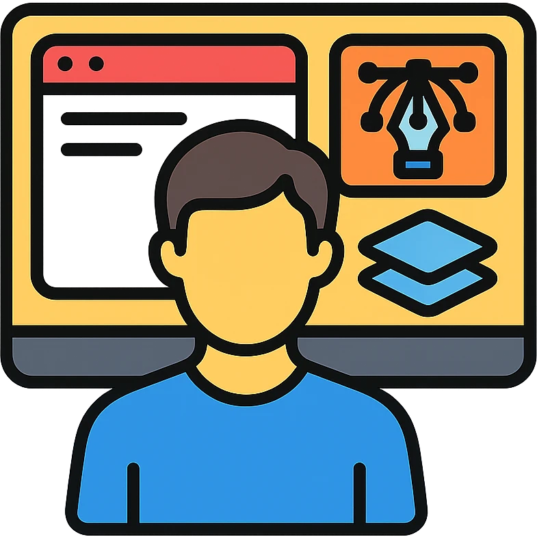 web designer as a color outline icon, with a monitor displaying a website and design symbols like a pen tool and layers emoji
