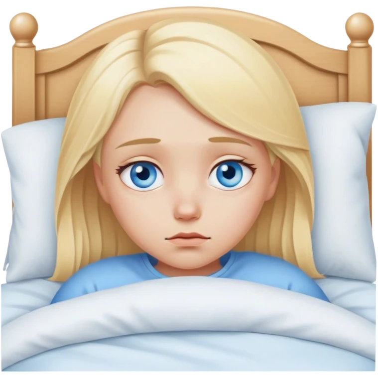 Sad blonde girl blue eyes in bed emoji