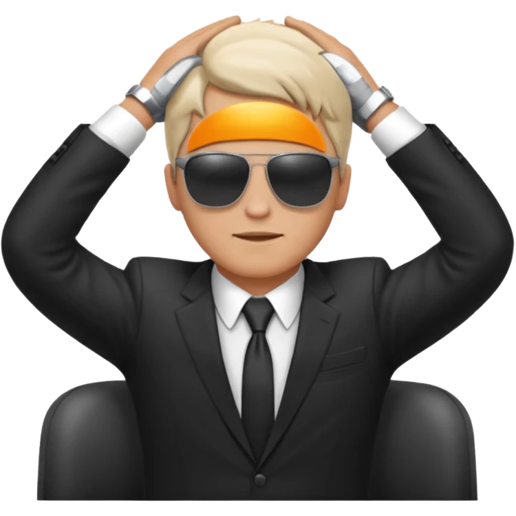 white man in formal suit wearing sunglasses resting with hands behind head emoji