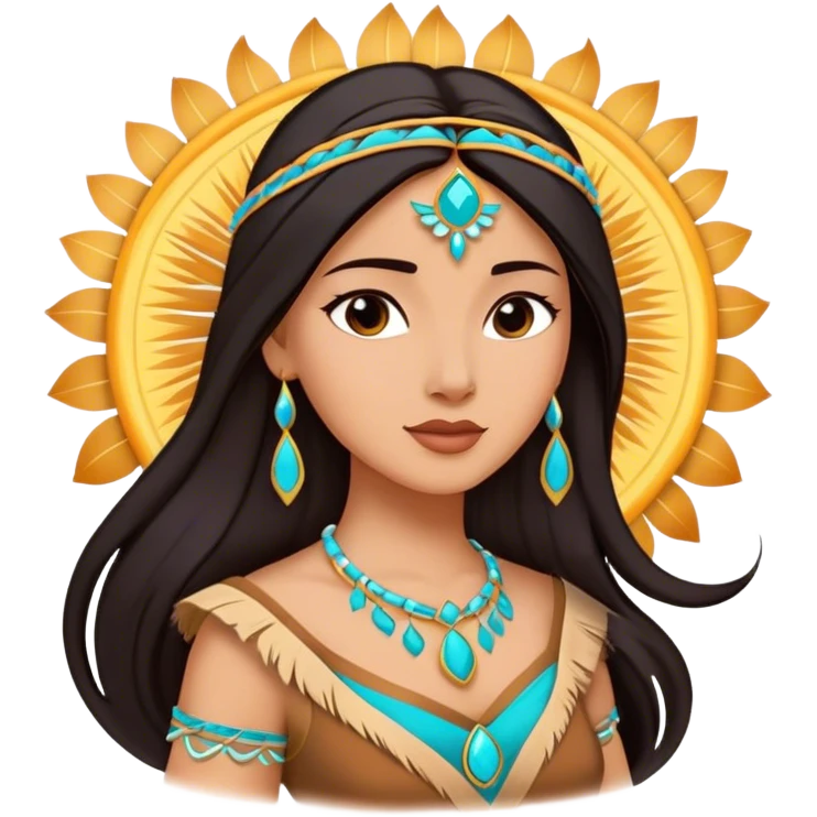 Cinematic Majestic Pocahontas Portrait Emoji, rendered in a clean, vector-style with bold shapes. Show Pocahontas with a serene, noble expression, radiant sun-kissed skin, and elegantly flowing dark hair, dressed in traditional garments with subtle turquoise accents. The design radiates a majestic, natural glow, high shine, and a soft glowing outline, capturing her regal beauty. emoji