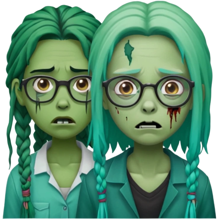 green-skinned, zombie with glasses, a girl with ombre black & teal long dreadlocks and a worried expression with a small wound near its mouth. emoji