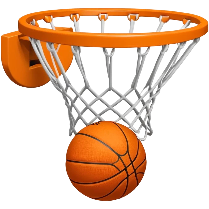 Minimalist orange Spalding basketball going through a white basketball net, swishing through hoop, iOS emoji style emoji
