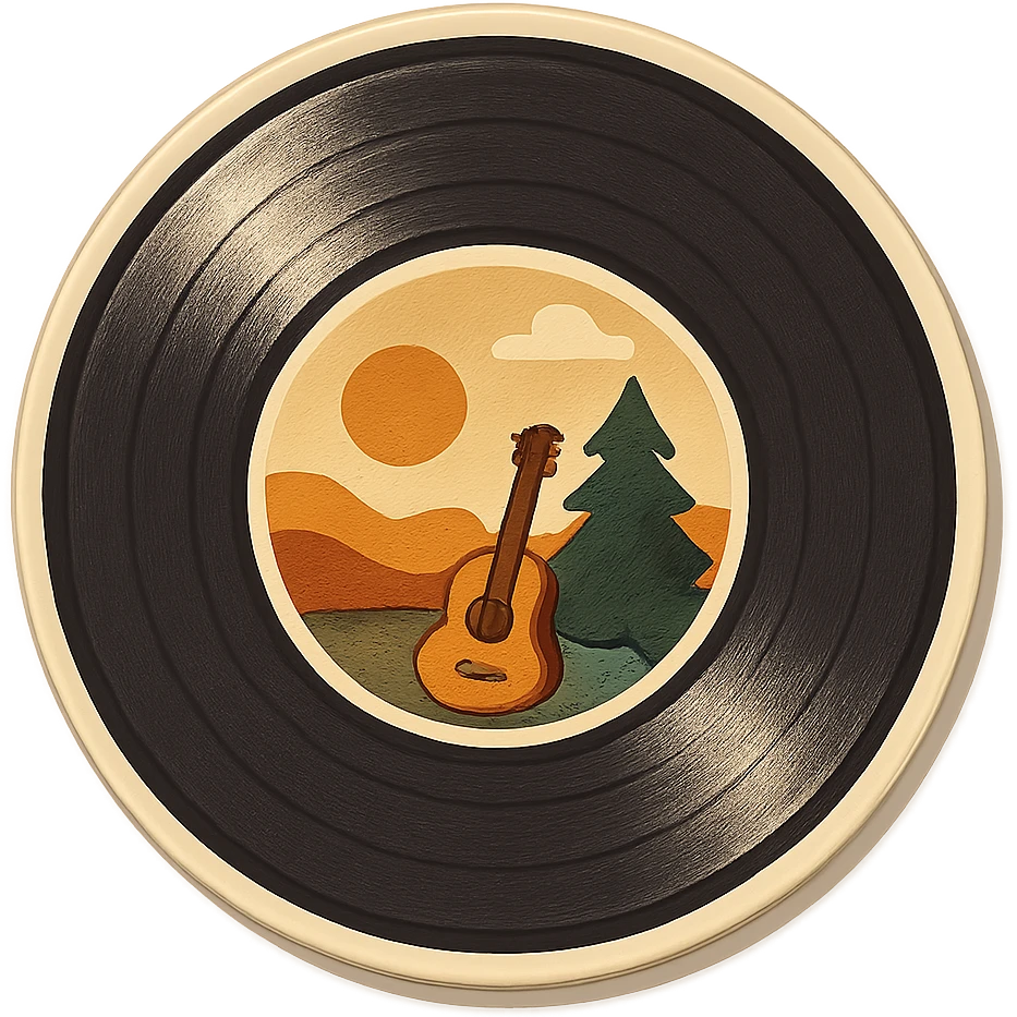 animated vinyl record turning slowly with nature-themed label, retro vintage style, cozy acoustic aesthetic, warm muted colors, subtle grain, soft lines, 112x112px, smooth loop, nostalgic analog mood emoji