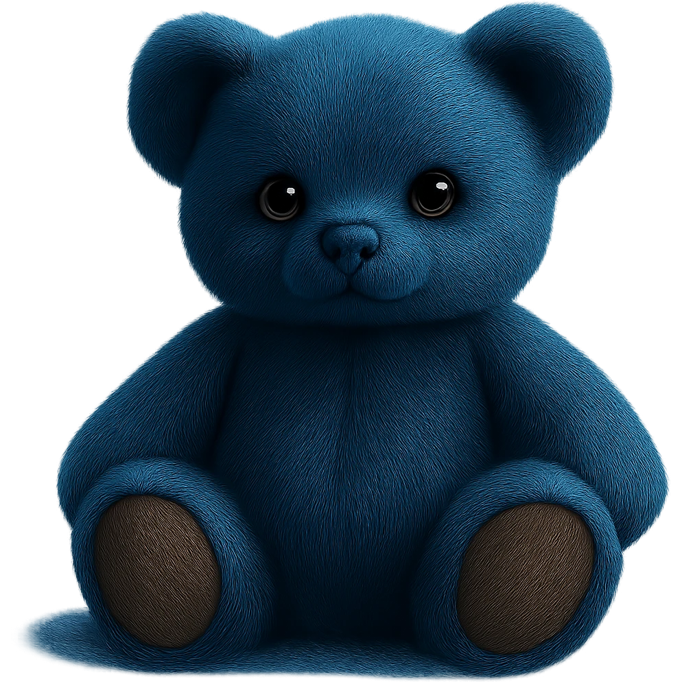 Change the teddy bear's fur to a realistic blue color, keep soft lighting and transparent background. The style should maintain a realistic and soft lighting look. emoji