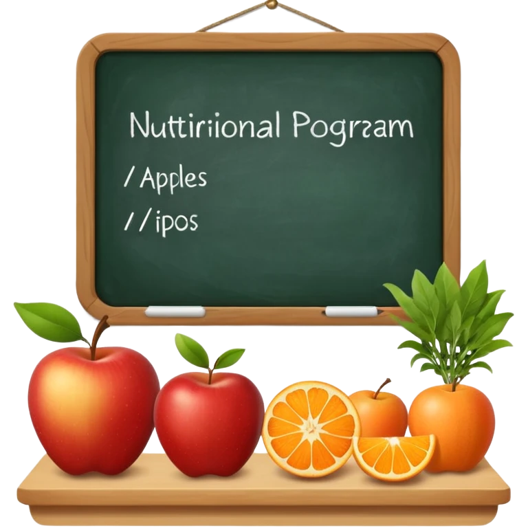 Il programma nutrizionale in studio con alimenti e una lavagna con scritto programma nutriizonale emoji