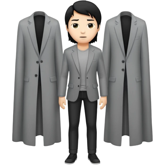 asian young man with long curtains style black hair in grey blazer and black t-shirt  emoji