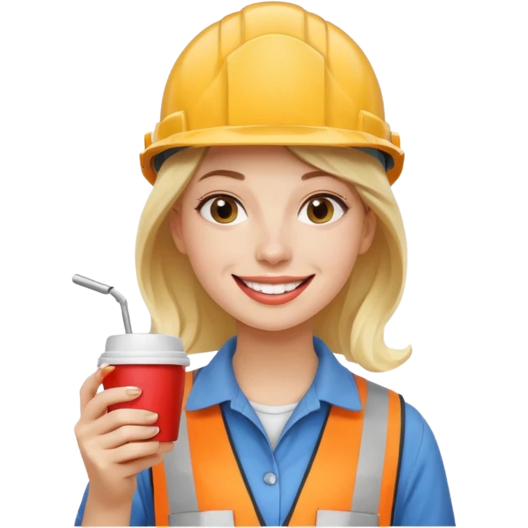 сделай молодую девушку с стаканчиком кофе, в каске, жующую жвачку emoji