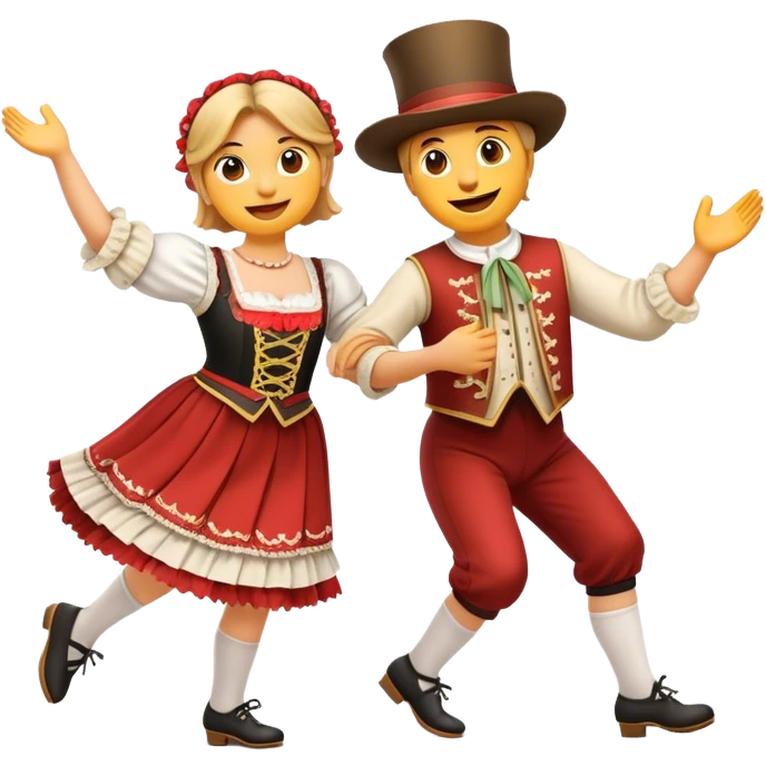 Cinematic Realistic Schuhplattler Dance Emoji, depicted as a lively traditional folk dance scene with performers in authentic Bavarian costumes, rendered with dynamic textures and festive natural lighting that captures the spirit of rural celebration. emoji