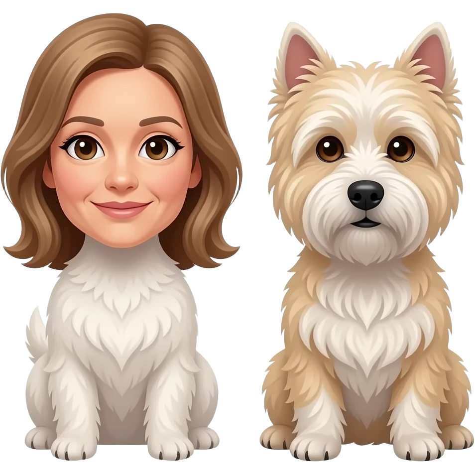 Middle age woman brown eyes , shoulder length light brown hair, with a female westie and a male westie emoji