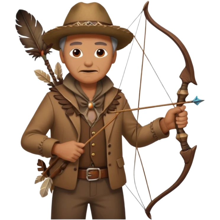 The classic image of a middle-aged uncle hunter carrying a bow, dressed in brown clothes, with some ornaments made of feathers, bones or teeth on his body. emoji