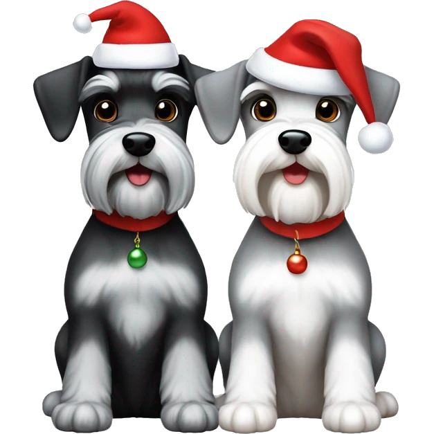 2 miniature schnauzers, 1 grey and one black and white, wearing Christmas hats  emoji