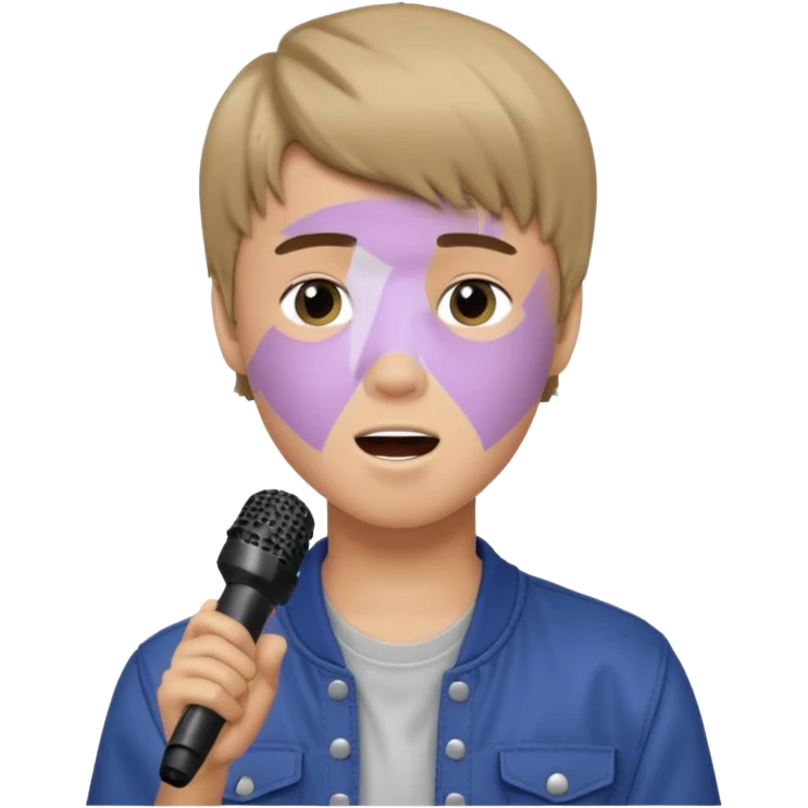Justin Bieber, around 16, casual clothes, singing into mic emoji