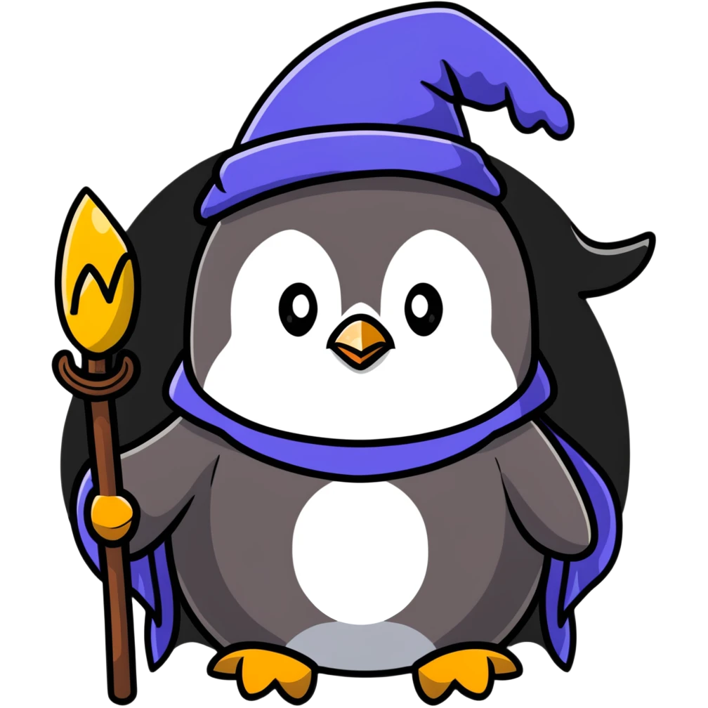 Penguin wizard with magical staff and hat emoji