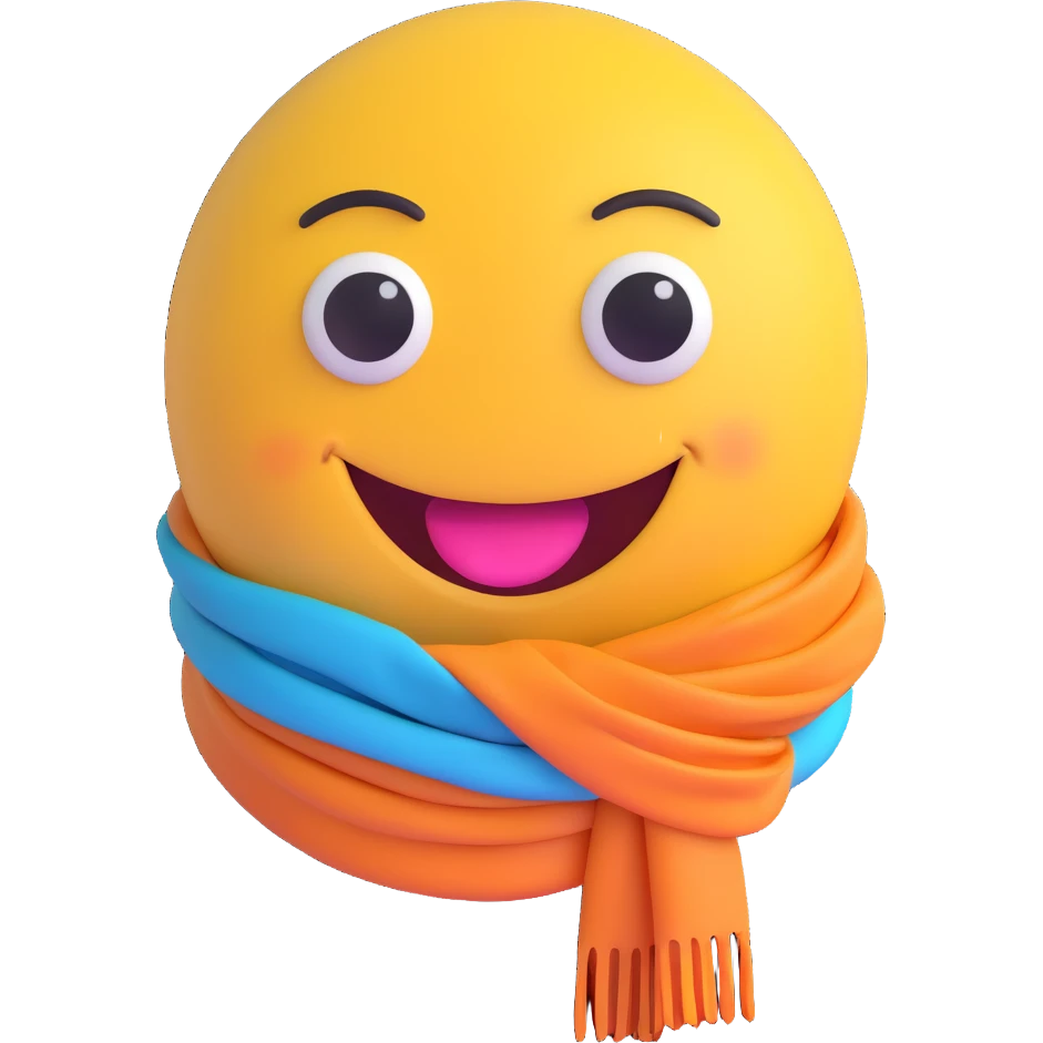 3D smiley emoji, large eyelashes, girly, colorful scarf, smiling emoji