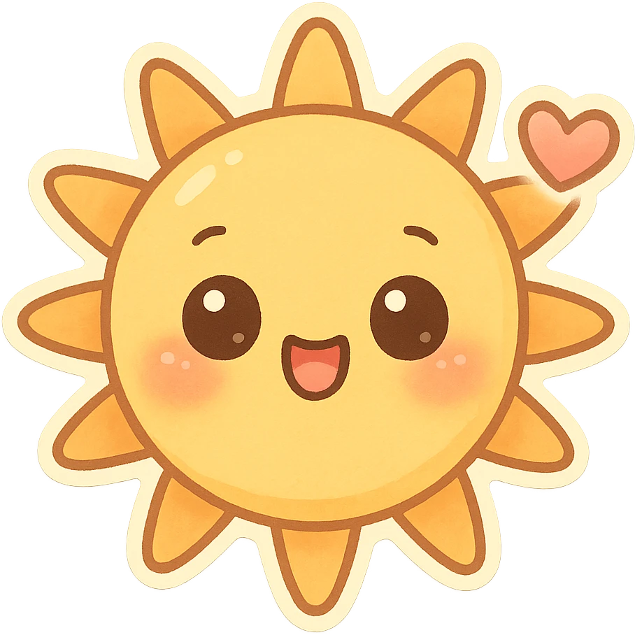 chibi sticker-style sun with a heart accent, cute and exaggerated emoji