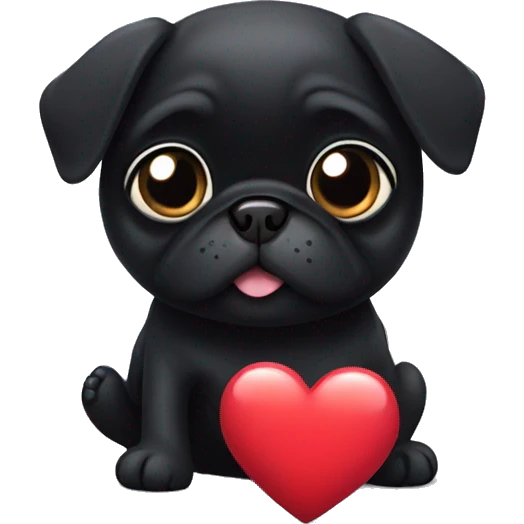 Little black pug dog holding a heart emoji