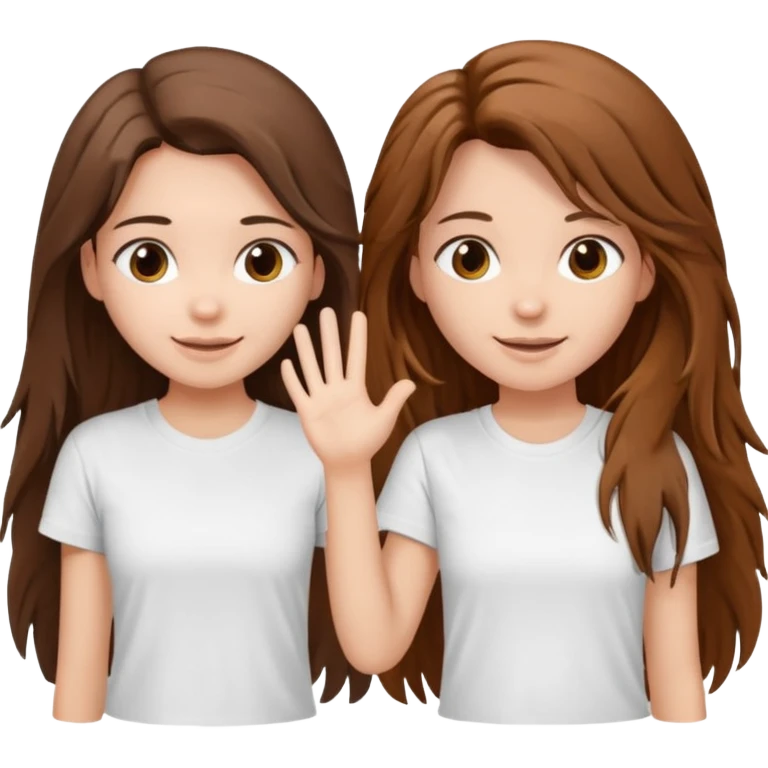 clean girl say hi to each other, she have a long brown hair a little messy and wearing white t-shirt emoji