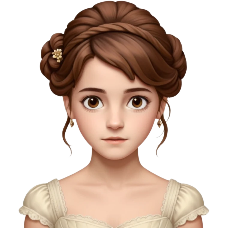 Cinematic Emma Watson Realistic Rococo Portrait, depicted with lifelike skin texture, subtle rosy undertones, and soft natural lighting that enhances the gentle contours of her face. Her intricately detailed brown hair is elegantly styled in an updo, emoji